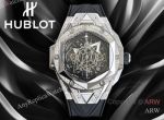 High Quality Replica HUBLOT BIG BANG SANG BLEU II Black Fluororubber Strap Black Skeletonized Geometric Face Dial Titanium With Diamond-Set Case Watch 45mm